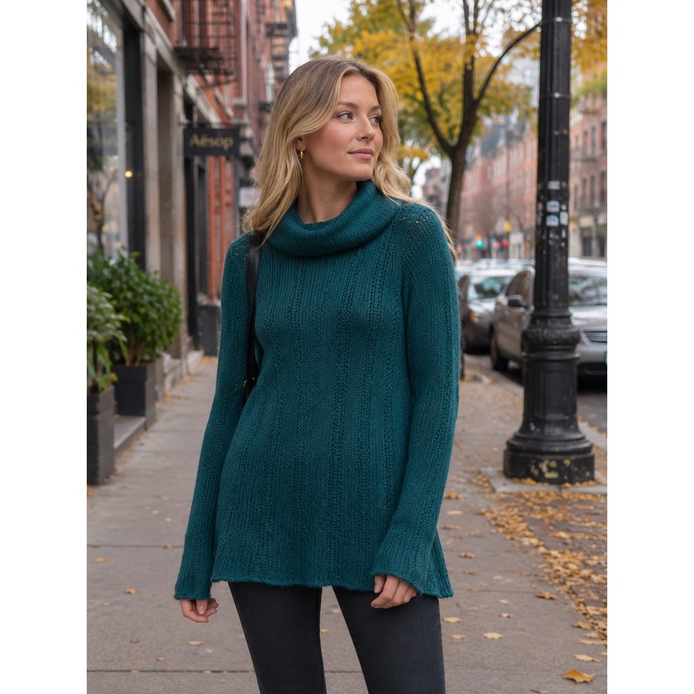 Wooden Ships Sweater Women M/L Teal Cowl Neck Mohair Wool Blend Open Knit Tunic